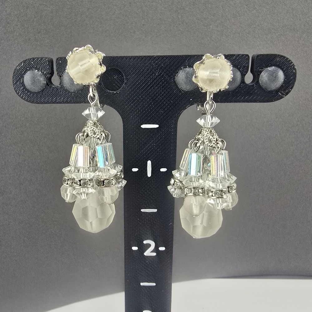 Vintage Vendome Estate Dangle Earrings Silver Tone AB Crystal Bead Screw Back 1